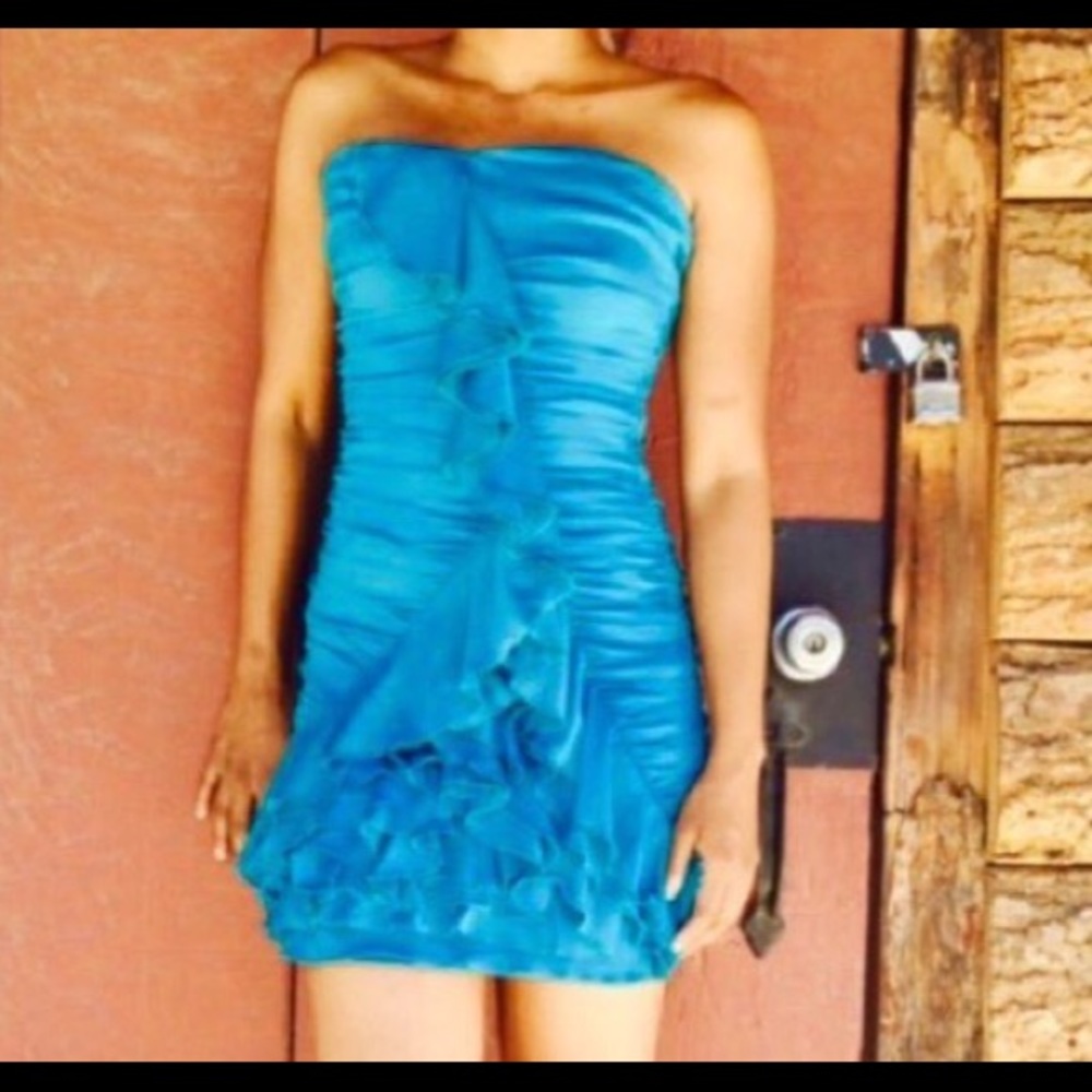 Turquoise Blue Bustier Ruffle Mini Dress